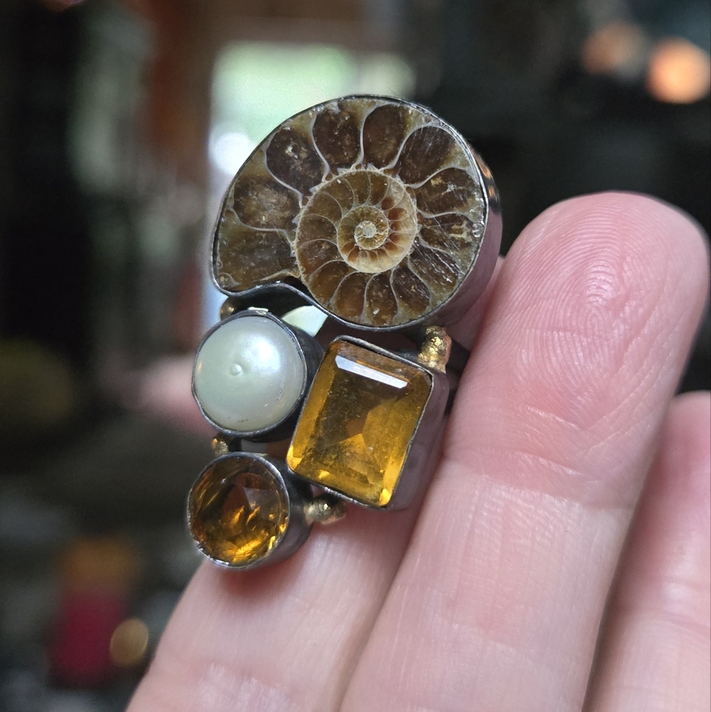 Ammonite Fossil pearl & citrine gemstone sterling & gold Ring sz8.5 - Picture 5 of 11